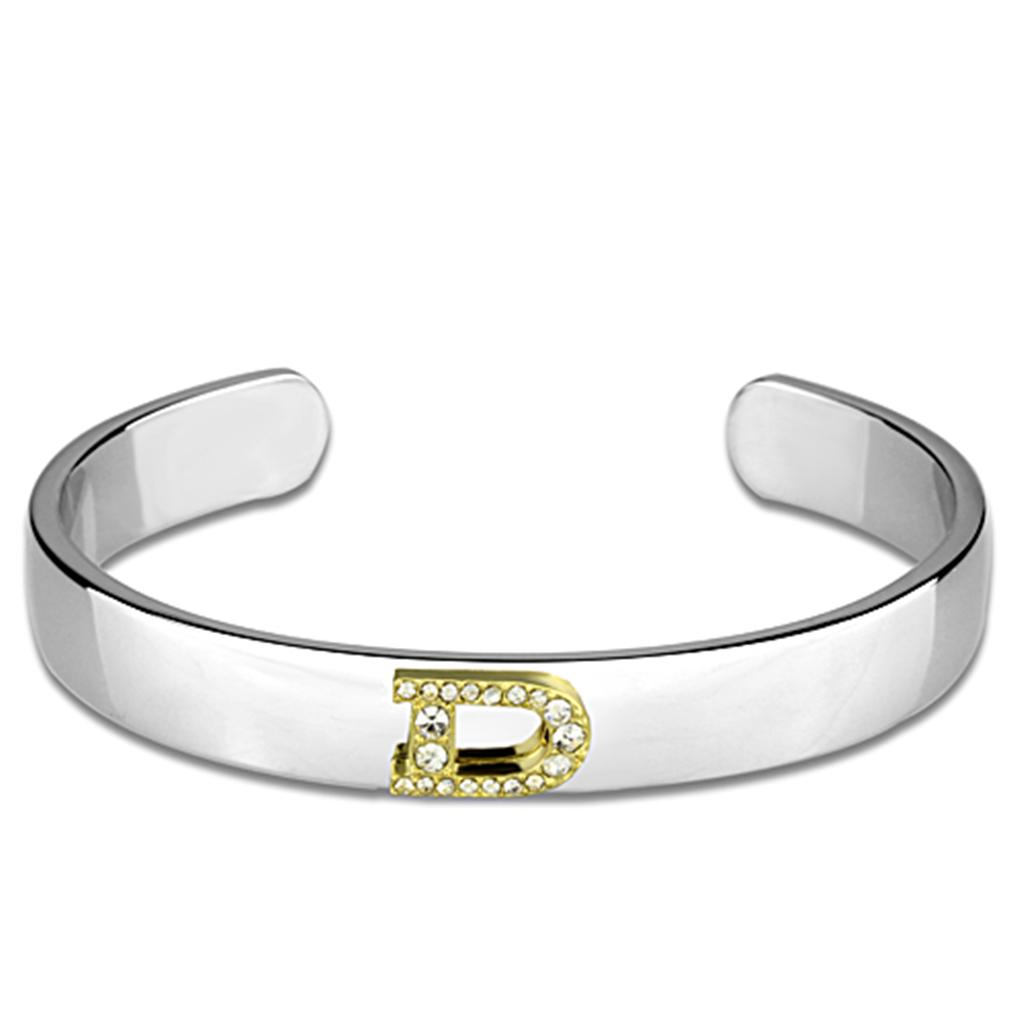 LO3614 Reverse Two-Tone White Metal Bangle featuring a clear top grade crystal, showcasing its elegant design and craftsmanship.