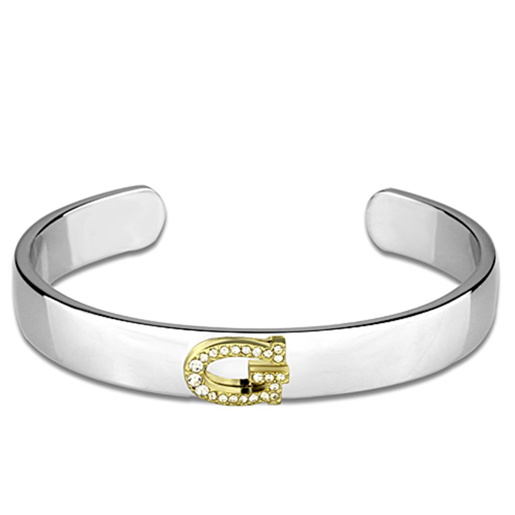 LO3617 Reverse Two-Tone White Metal Bangle featuring a clear top-grade crystal, showcasing its elegant design and craftsmanship.