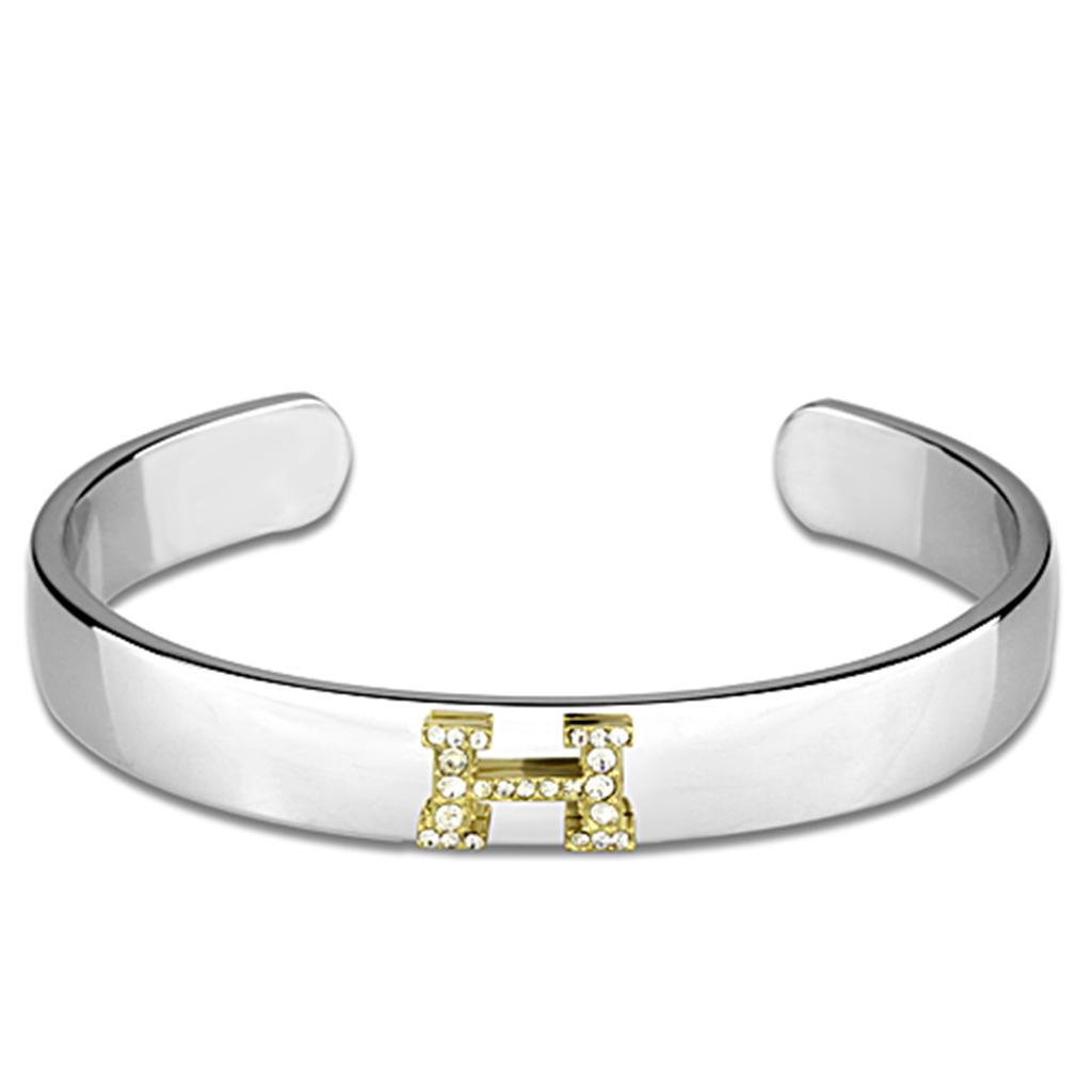 LO3618 Reverse Two-Tone White Metal Bangle featuring a clear top grade crystal, showcasing its elegant design and craftsmanship.