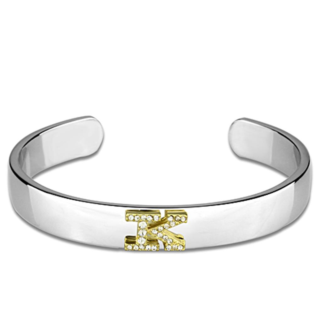 LO3621 Reverse Two-Tone White Metal Bangle featuring a clear top grade crystal, showcasing its elegant design and craftsmanship.