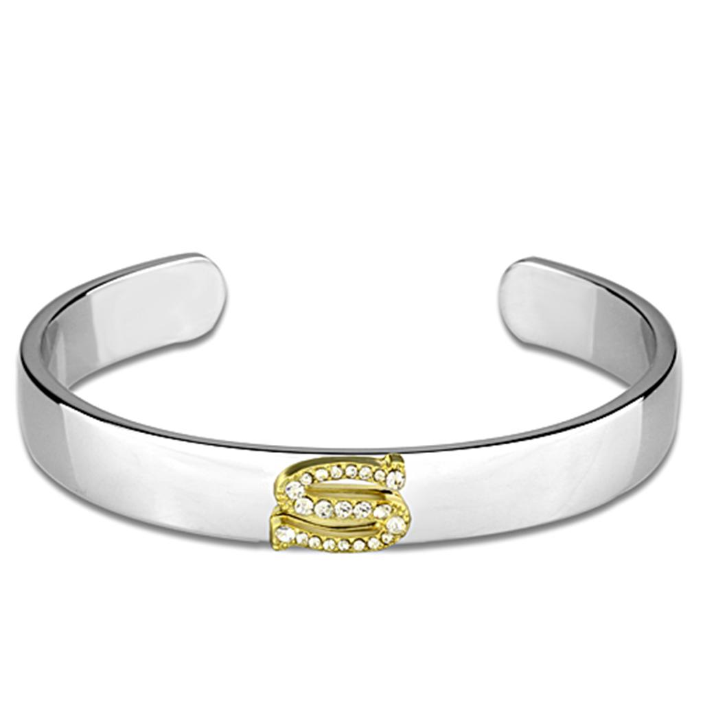 LO3629 Reverse Two-Tone White Metal Bangle featuring a clear top grade crystal, showcasing its elegant design and craftsmanship.