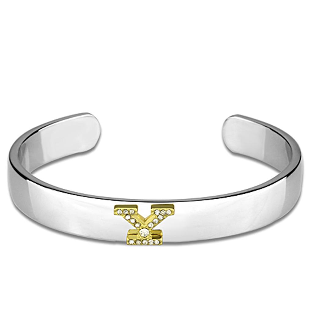 LO3635 Reverse Two-Tone White Metal Bangle featuring a clear top-grade crystal centerpiece, showcasing an elegant design.