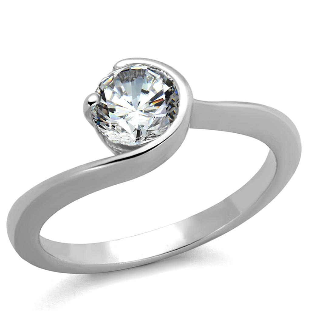 LO3639 Rhodium Brass Ring featuring a clear AAA Grade CZ stone, showcasing its elegant design and luxurious finish.