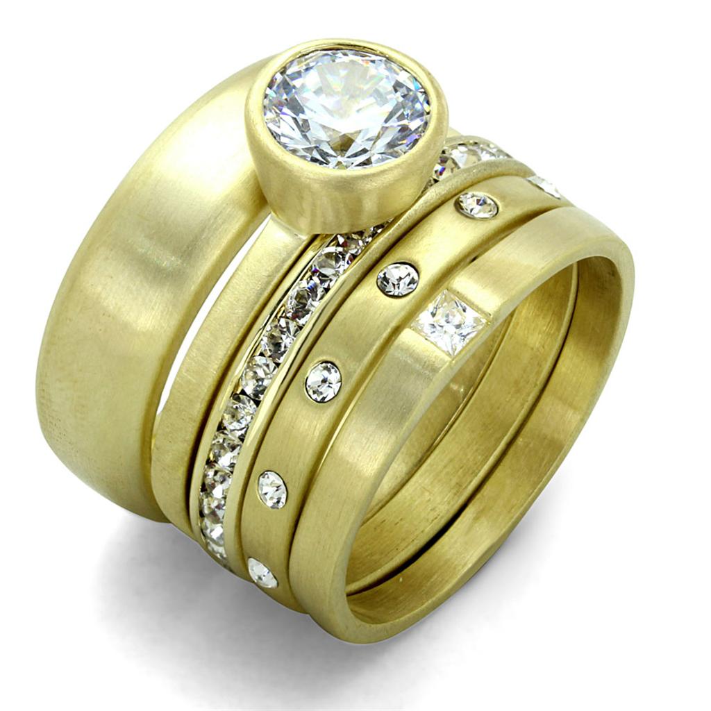 LO3645 Gold & Brush Brass Ring featuring a clear AAA Grade CZ stone, showcasing its elegant design and luxurious finish.