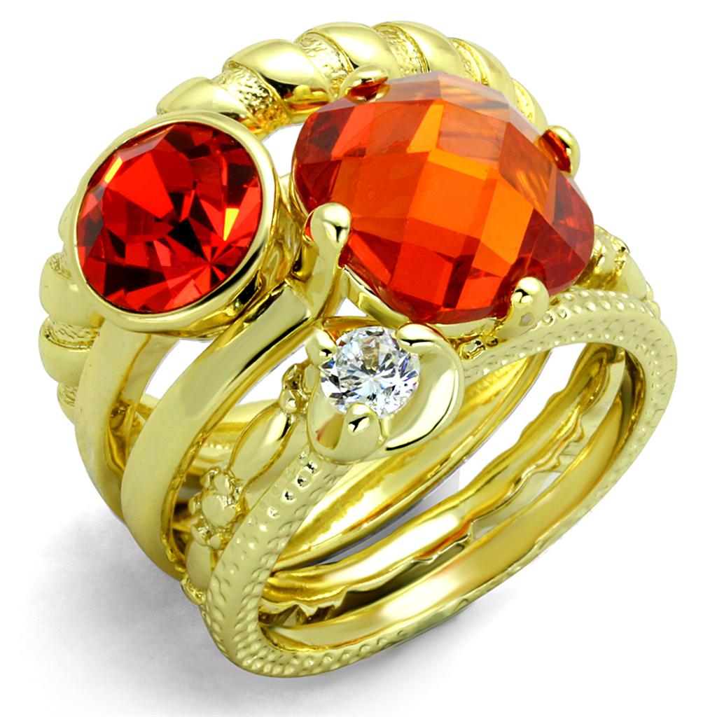 LO3649 Gold Brass Ring featuring a vibrant orange AAA Grade CZ stone, elegantly crafted for a stunning look.