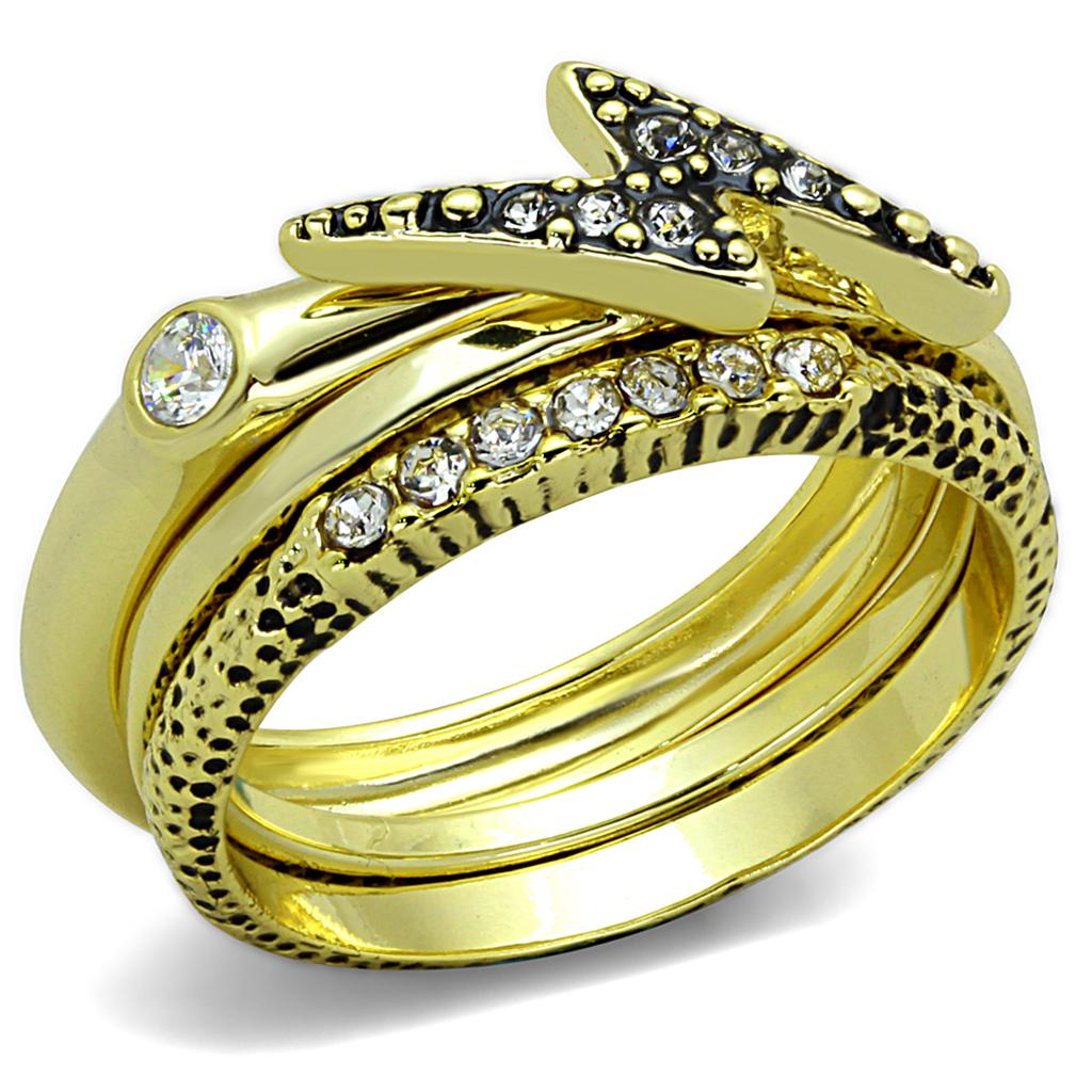 LO3651 Gold Brass Ring featuring a clear top grade crystal, showcasing its elegant design and luxurious finish.