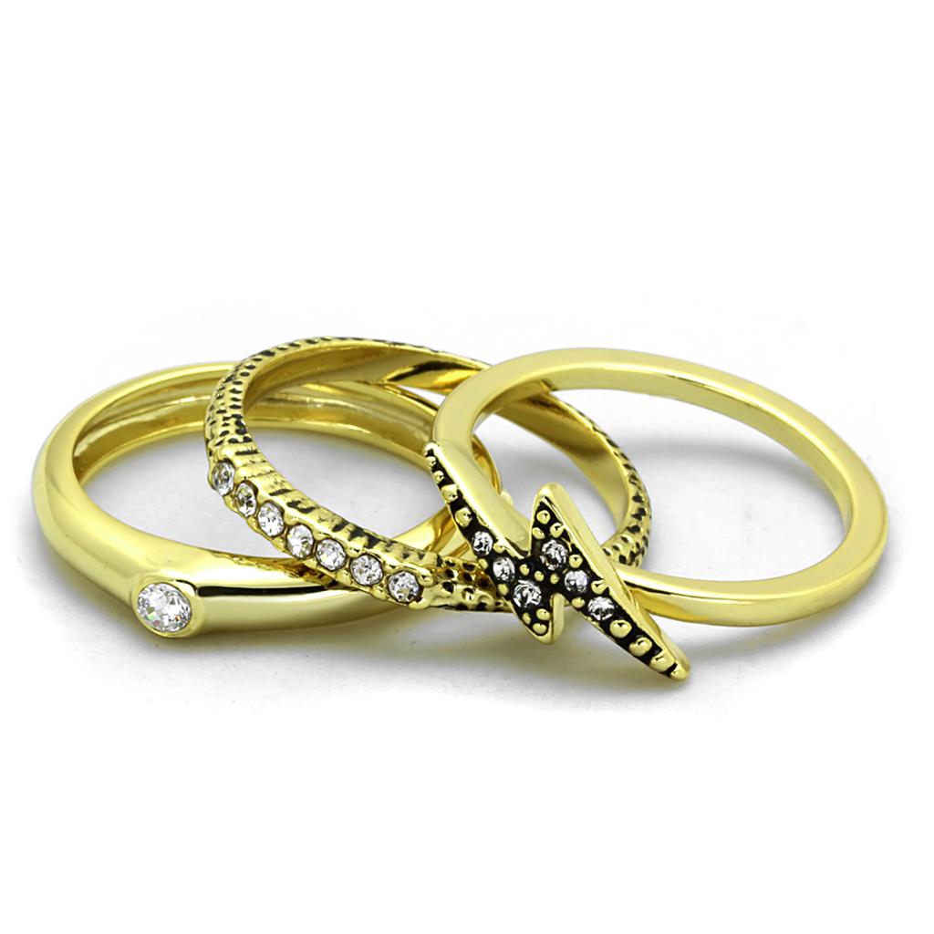 LO3651 Gold Brass Ring featuring a clear top grade crystal, showcasing its elegant design and luxurious finish.