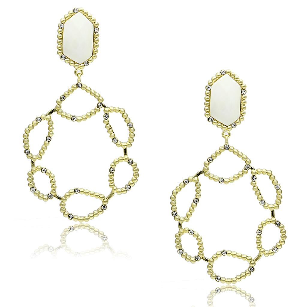 Elegant LO3693 Gold & Brush Brass Earrings featuring a white synthetic stone, perfect for any occasion.