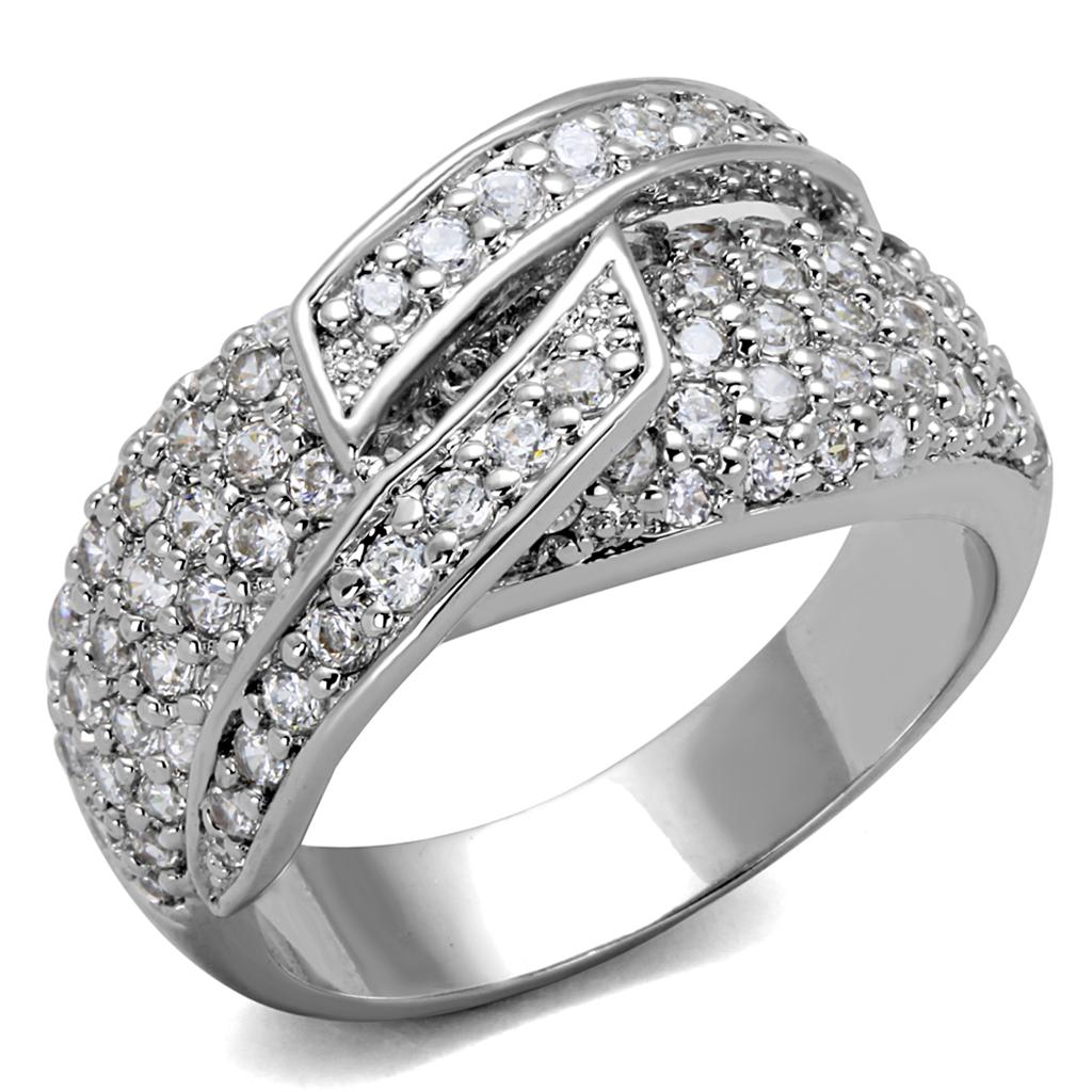 LO3741 Rhodium Brass Ring featuring a clear AAA Grade CZ stone, showcasing its elegant design and luxurious finish.