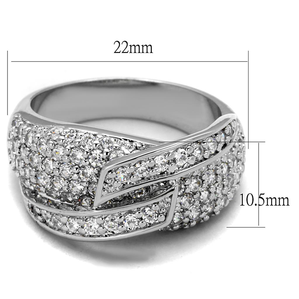 LO3741 Rhodium Brass Ring featuring a clear AAA Grade CZ stone, showcasing its elegant design and luxurious finish.