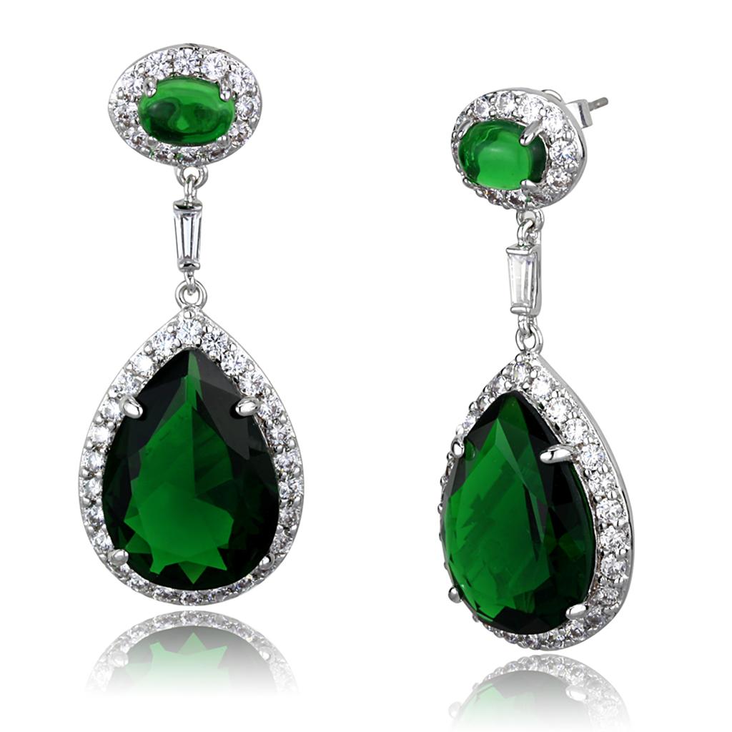 Elegant LO3762 Rhodium Brass Earrings featuring vibrant emerald synthetic glass stone, perfect for any occasion.