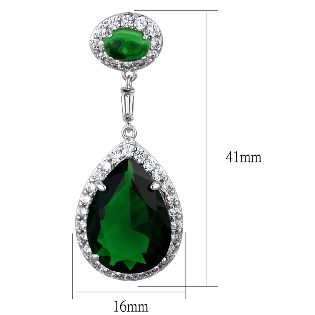 Elegant LO3762 Rhodium Brass Earrings featuring vibrant emerald synthetic glass stone, perfect for any occasion.