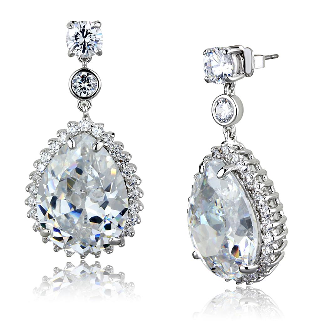 LO3765 Rhodium Brass Earrings featuring AAA Grade CZ stones in clear, showcasing their elegant design and sparkling center stone.