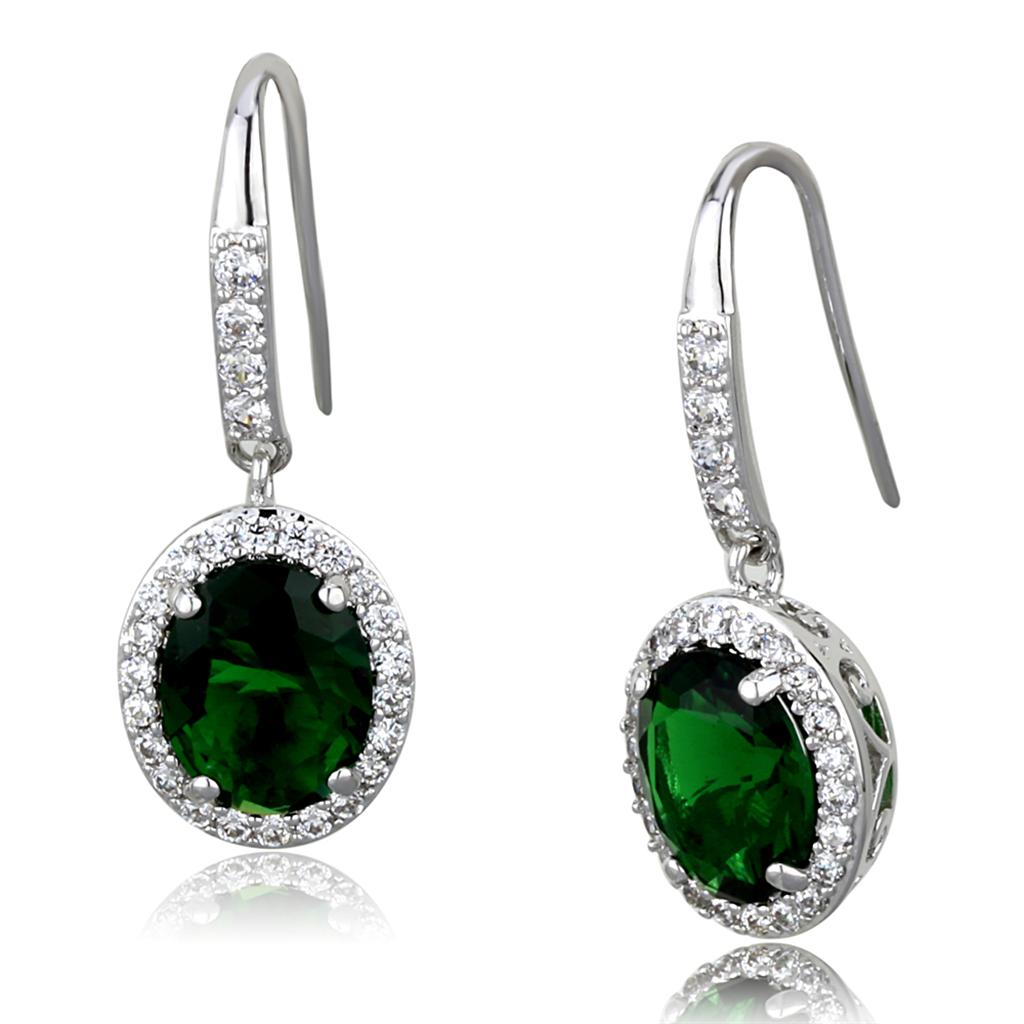 Elegant LO3769 Rhodium Brass Earrings featuring vibrant emerald synthetic glass stone, perfect for any occasion.