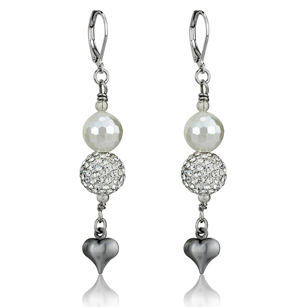 LO3804 Antique Silver White Metal Earrings featuring a synthetic glass bead in white color, showcasing elegant design and antique finish.