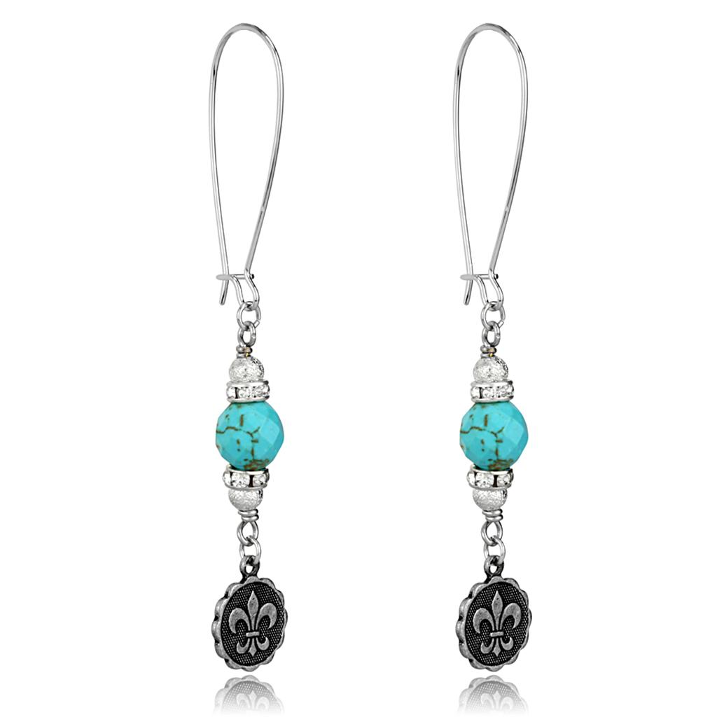 LO3807 Antique Silver White Metal Earrings featuring synthetic turquoise stones, showcasing vintage elegance and modern craftsmanship.