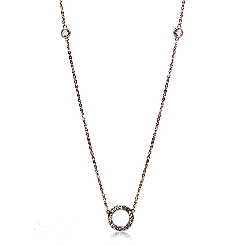 A stunning rose gold brass necklace featuring a clear AAA Grade CZ stone, elegantly designed for versatile wear.