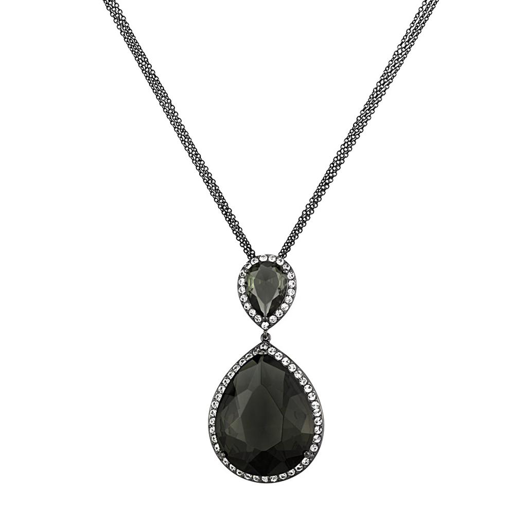 LO3847 TIN Cobalt Black Brass Chain Pendant featuring a synthetic glass center stone in black diamond color.