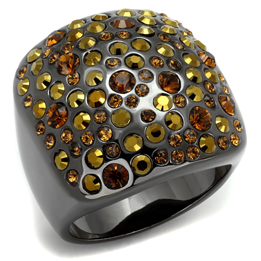 LO3909 TIN Cobalt Black Brass Ring featuring a multi-color top grade crystal, showcasing a modern design and elegant finish.