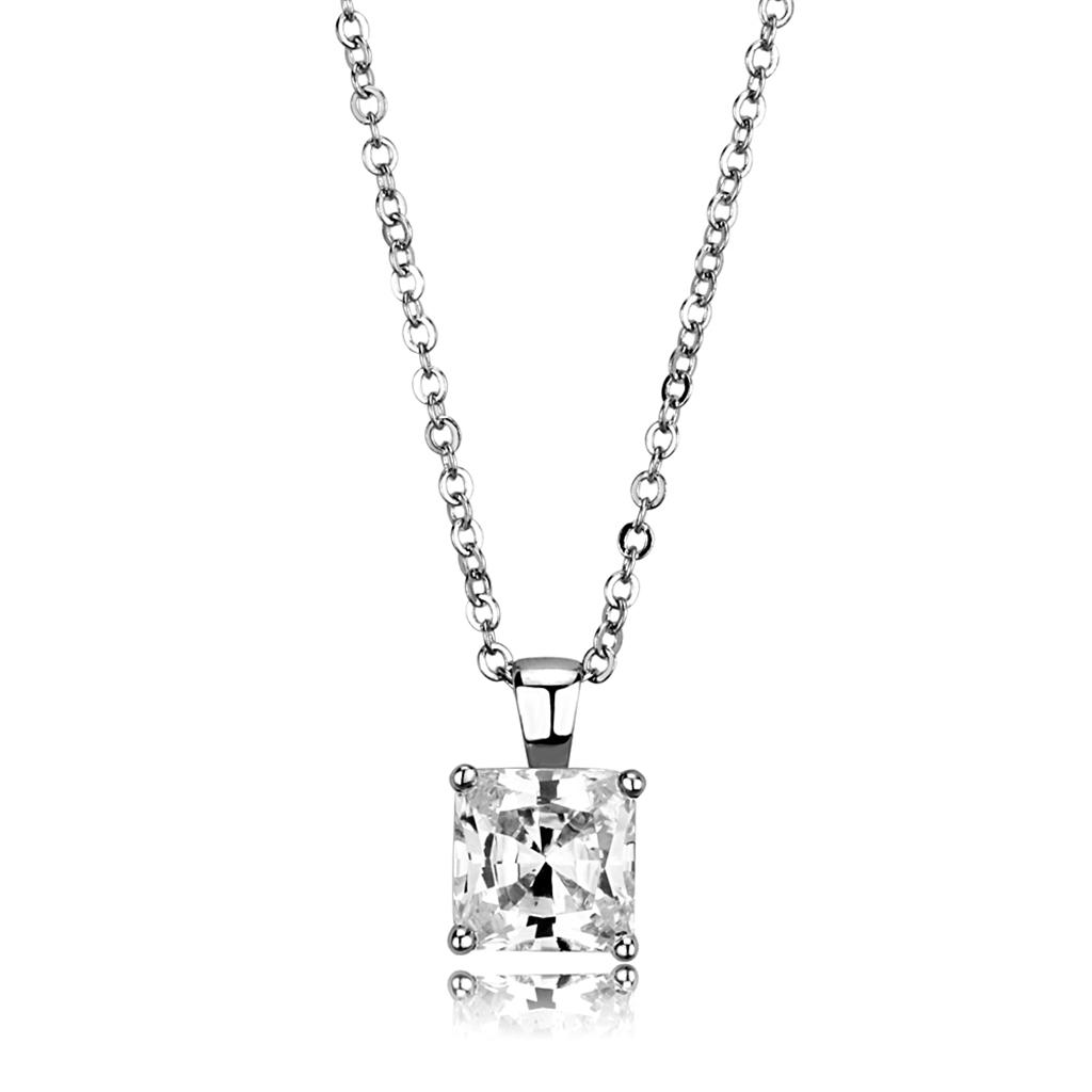 LO3931 Rhodium Brass Chain Pendant featuring a clear AAA Grade CZ stone, elegantly designed for versatile wear.