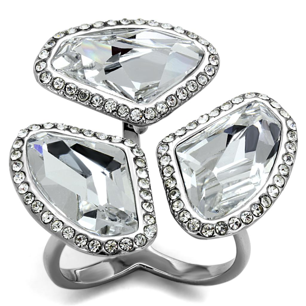 High polished stainless steel ring featuring a clear top grade crystal, showcasing a sleek and modern design.