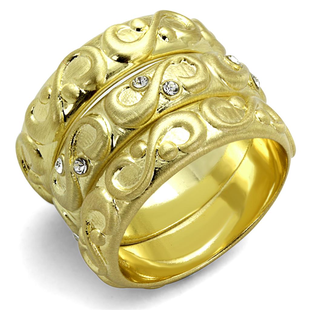 LO3946 Gold & Brush Brass Ring featuring a clear top grade crystal, showcasing its elegant design and luxurious finish.