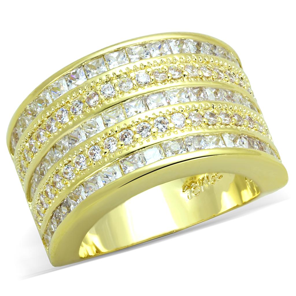 LO3395 Gold Brass Ring featuring a clear AAA Grade CZ stone, showcasing its elegant design and luxurious gold finish.