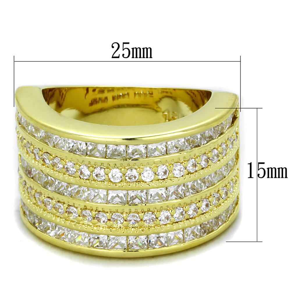 LO3395 Gold Brass Ring featuring a clear AAA Grade CZ stone, showcasing its elegant design and luxurious gold finish.