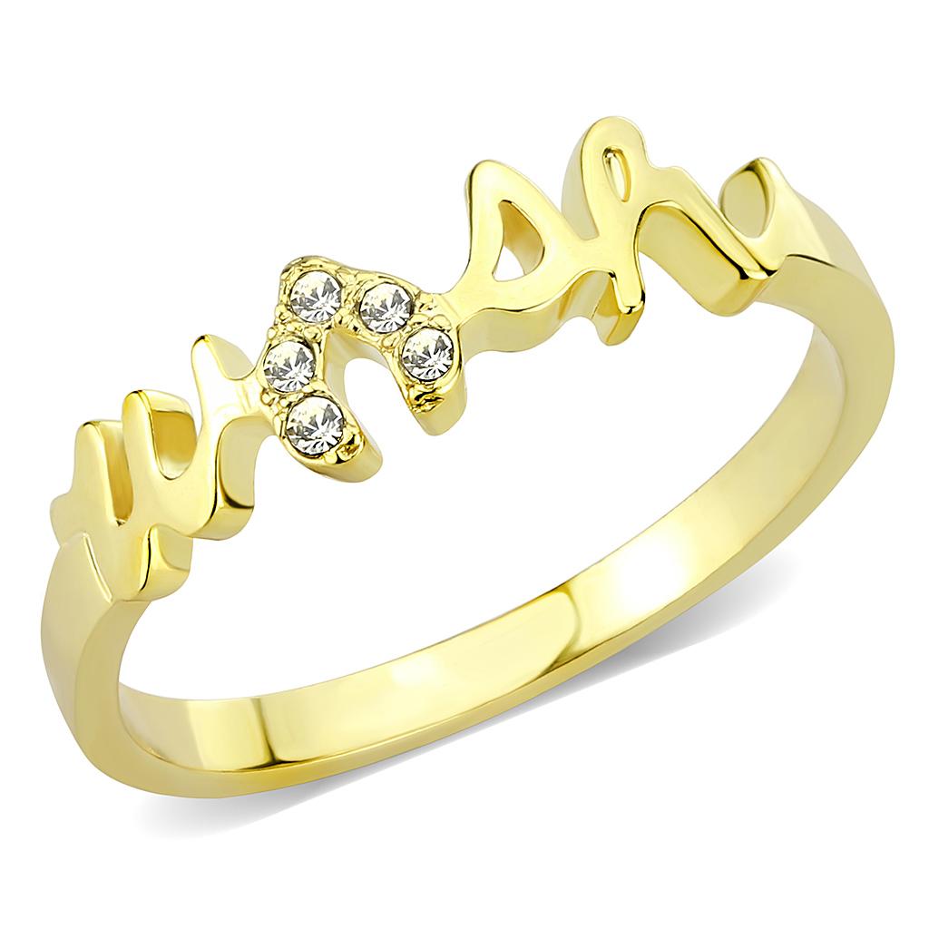 LO3966 Flash Gold Brass Ring featuring a clear top-grade crystal, showcasing its elegant design and luxurious finish.