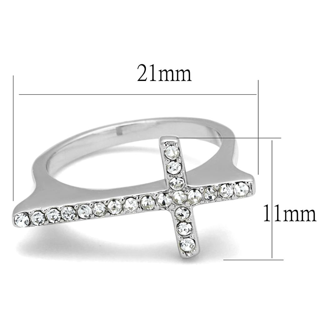 Rhodium brass ring featuring a clear top grade crystal, showcasing its elegant design and shiny finish.