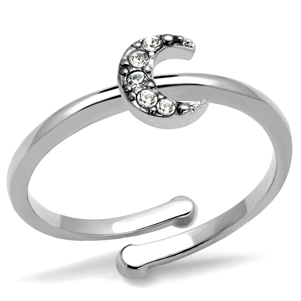 LO4045 Rhodium Brass Ring featuring a clear top grade crystal, showcasing its elegant design and luxurious finish.