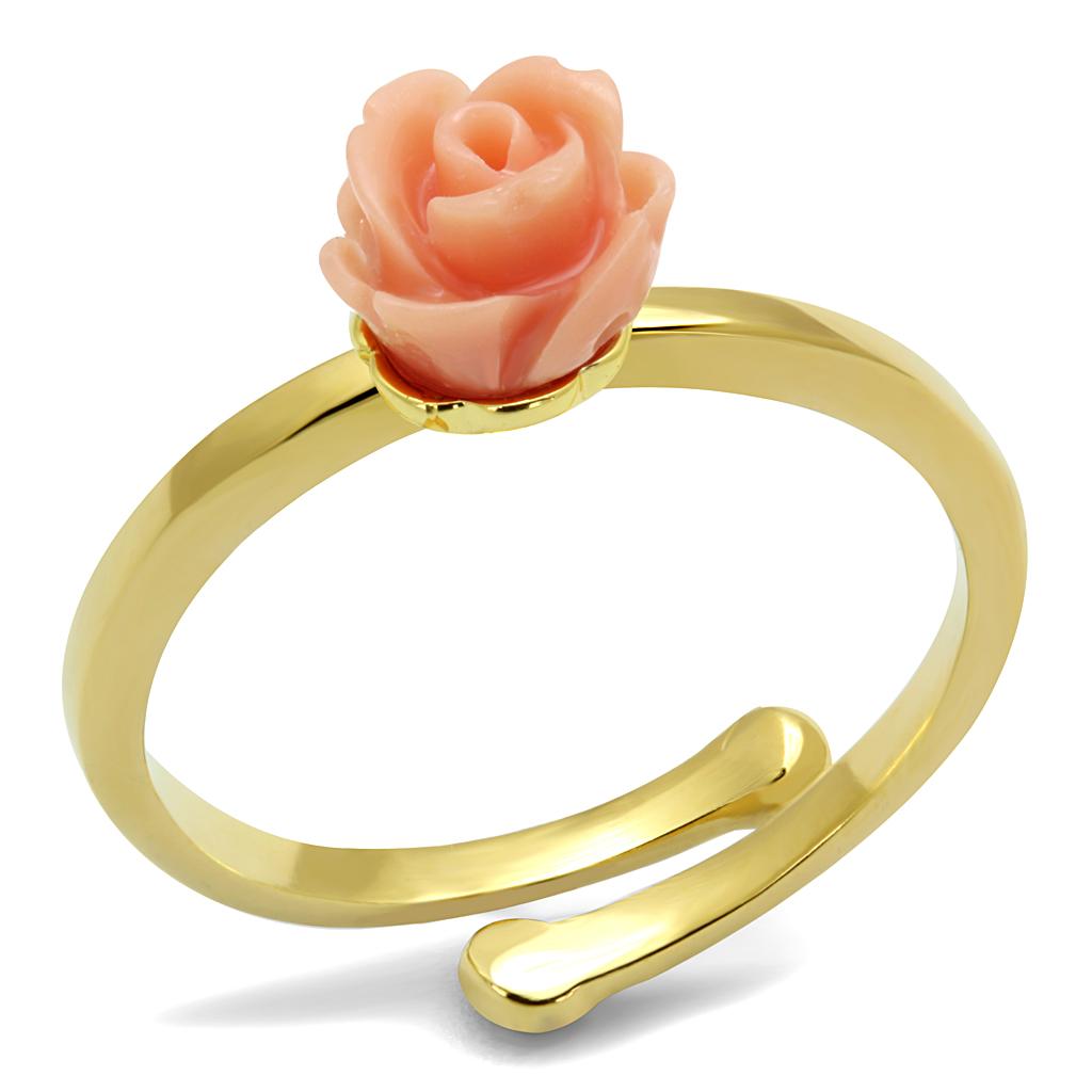 LO4059 Flash Gold Brass Ring featuring a light peach synthetic stone, showcasing its elegant design and luxurious finish.