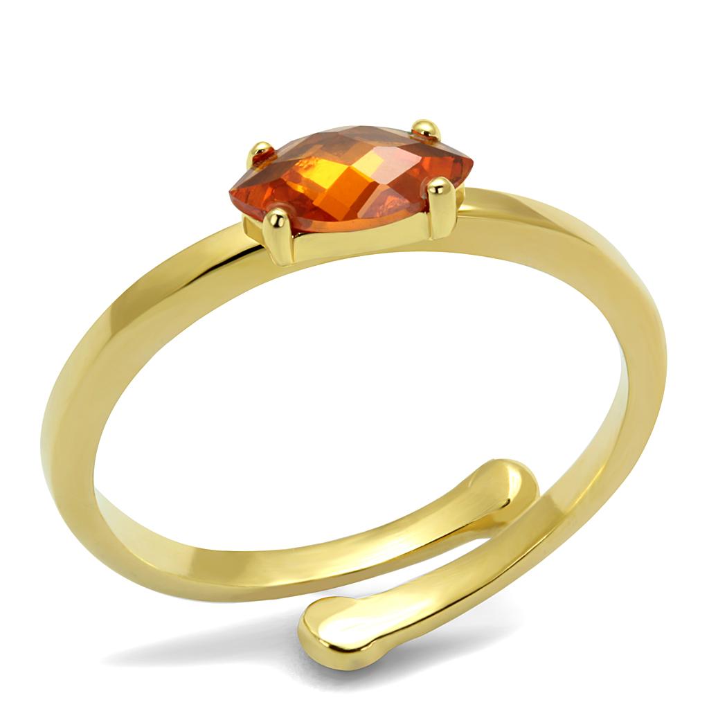 LO4065 Flash Gold Brass Ring featuring an orange AAA Grade CZ stone, showcasing its elegant design and vibrant color.