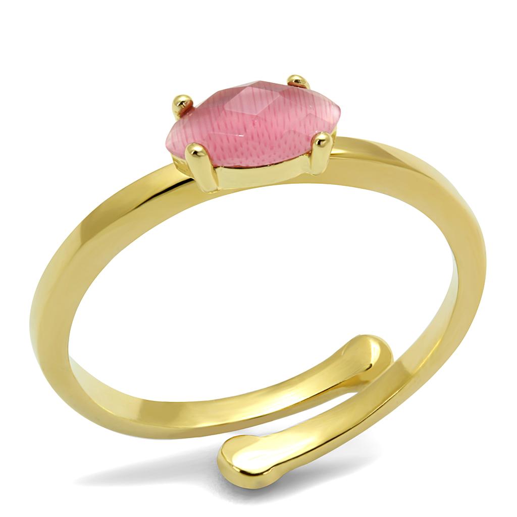 LO4069 Flash Gold Brass Ring featuring a synthetic Cat Eye stone in rose color, elegantly designed for stylish wear.