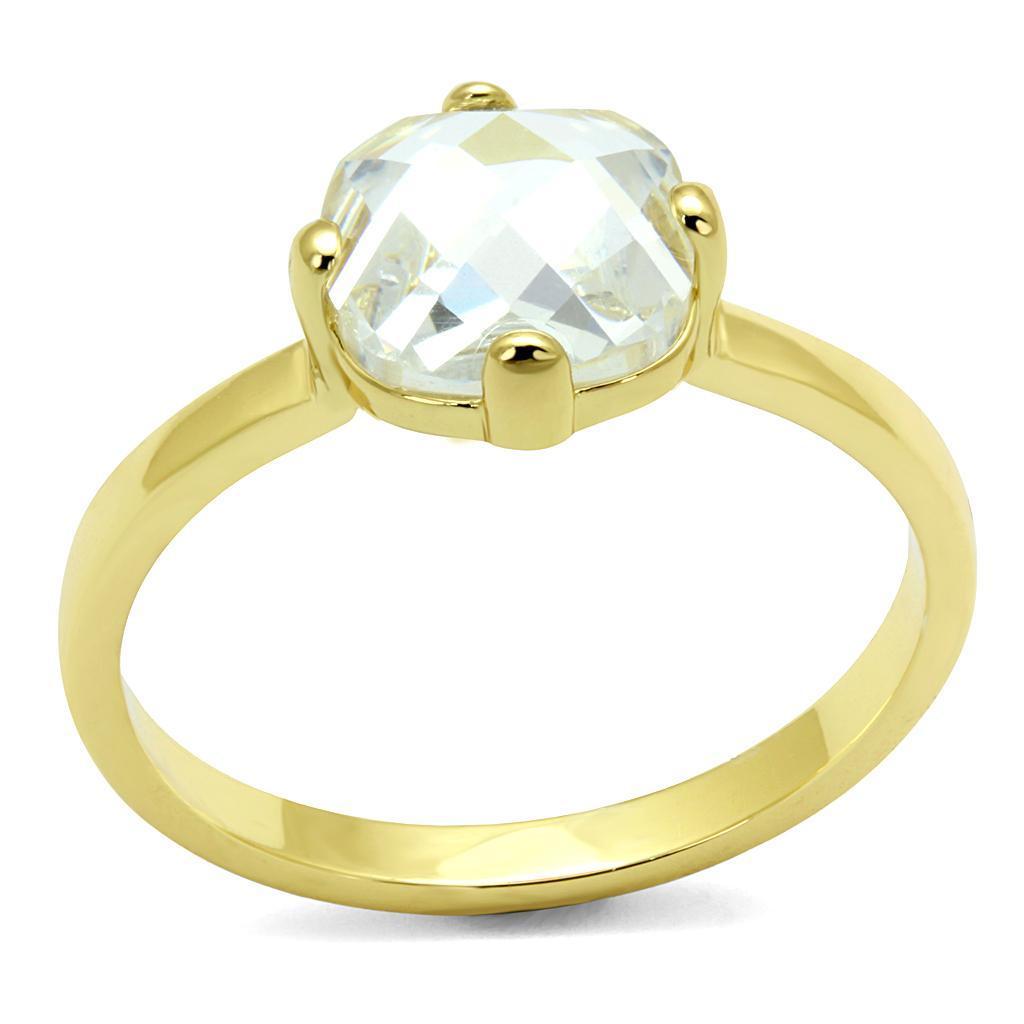 LO4078 Flash Gold Brass Ring featuring a clear AAA Grade CZ stone, elegantly designed for any occasion.