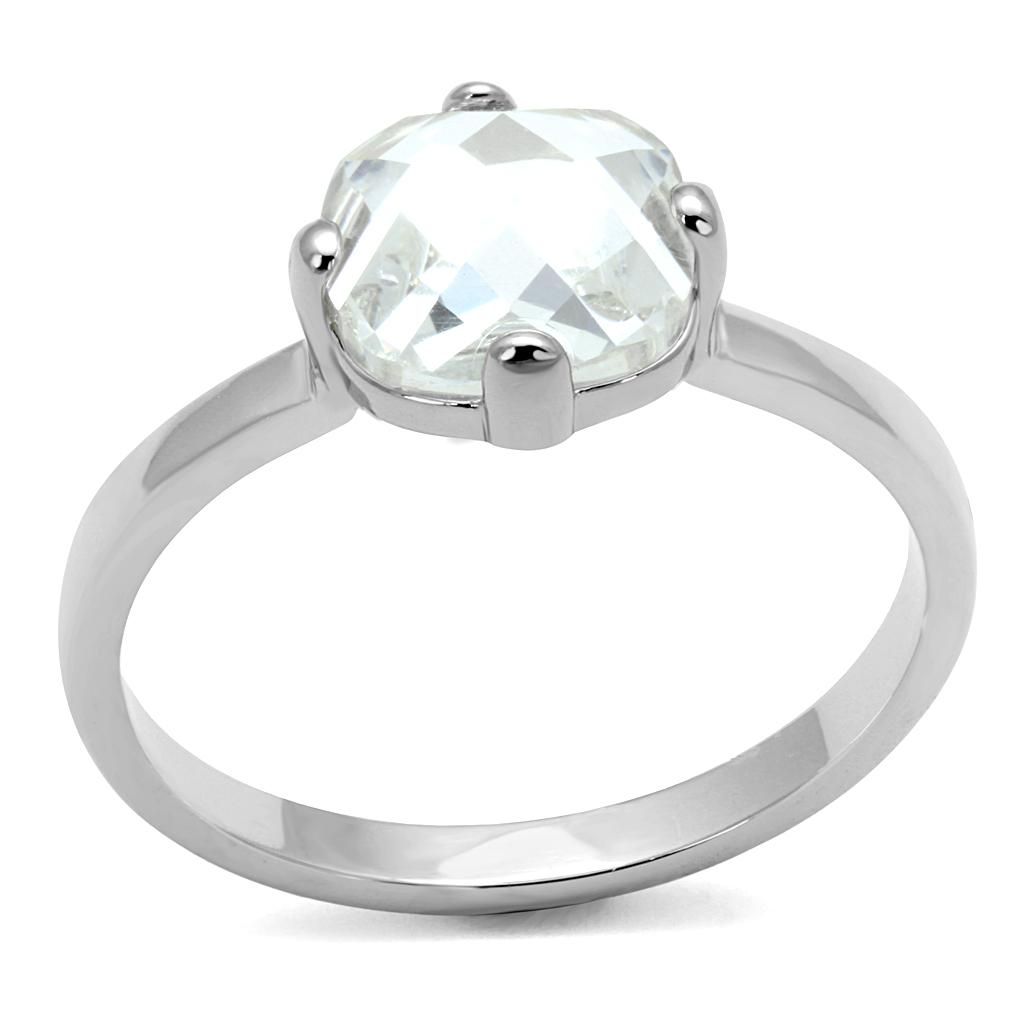 LO4080 Rhodium Brass Ring featuring a clear AAA Grade CZ stone, showcasing its elegant design and shiny finish.