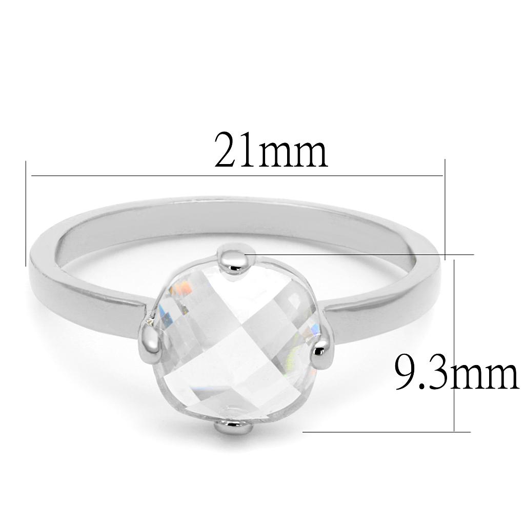 LO4080 Rhodium Brass Ring featuring a clear AAA Grade CZ stone, showcasing its elegant design and shiny finish.