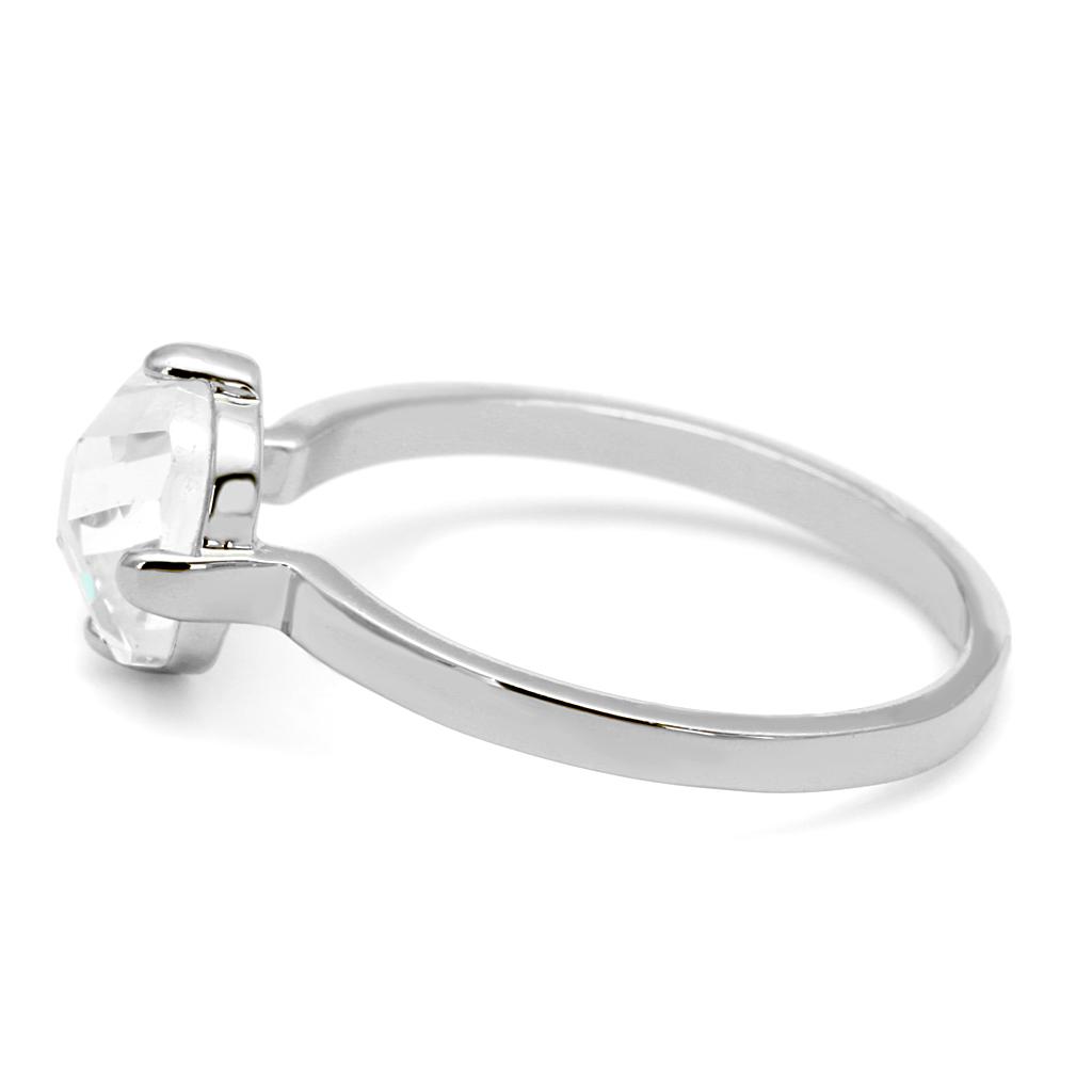 LO4080 Rhodium Brass Ring featuring a clear AAA Grade CZ stone, showcasing its elegant design and shiny finish.