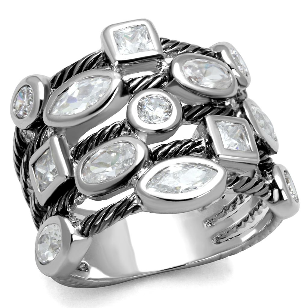 LO4083 Rhodium Brass Ring featuring a clear AAA Grade CZ stone, showcasing its elegant design and luxurious finish.