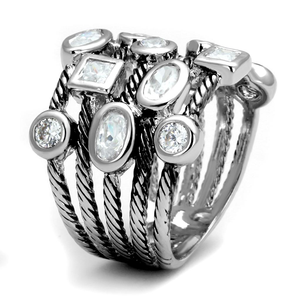 LO4083 Rhodium Brass Ring featuring a clear AAA Grade CZ stone, showcasing its elegant design and luxurious finish.