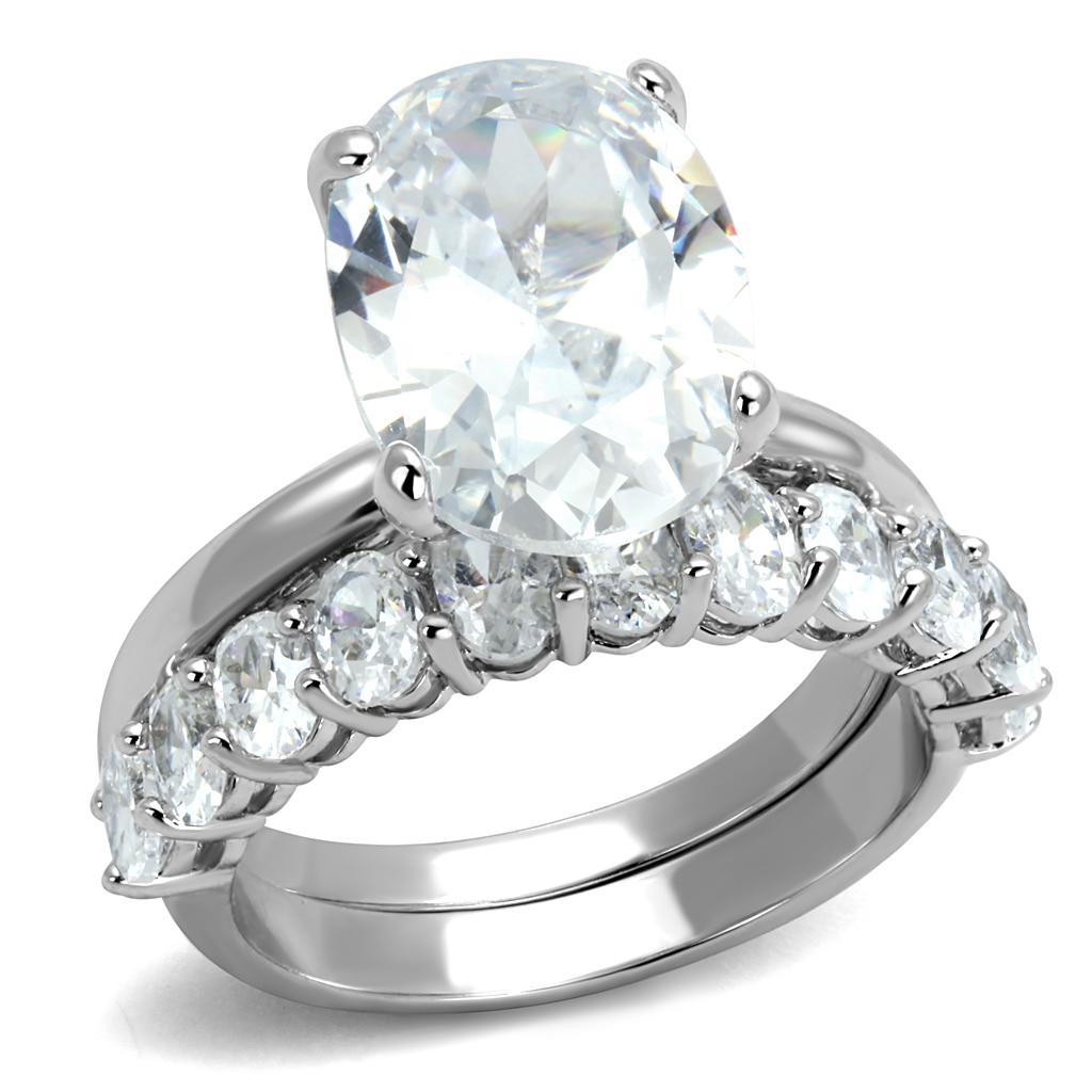 LO4089 Rhodium Brass Ring featuring a clear AAA Grade CZ stone, showcasing its elegant design and luxurious finish.