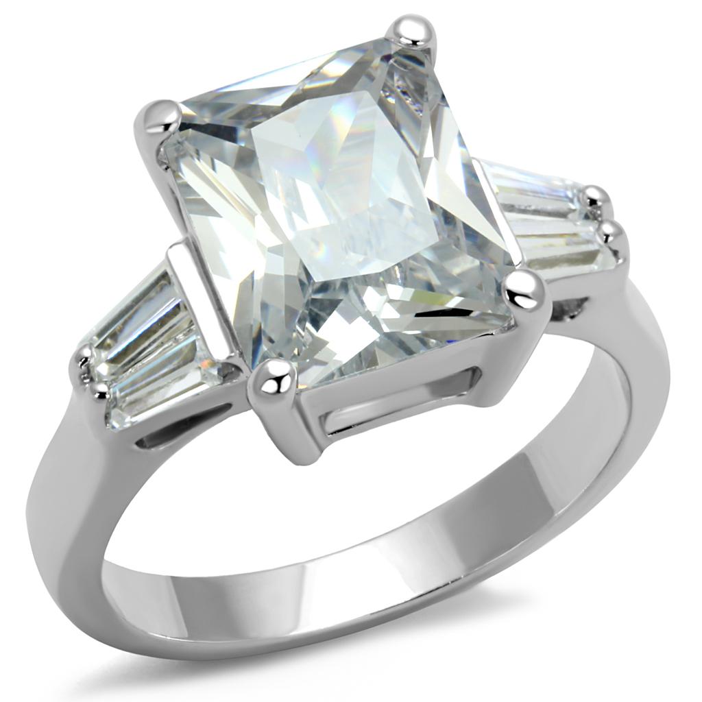 LO4091 Rhodium Brass Ring featuring a clear AAA Grade CZ stone, showcasing its elegant design and luxurious finish.