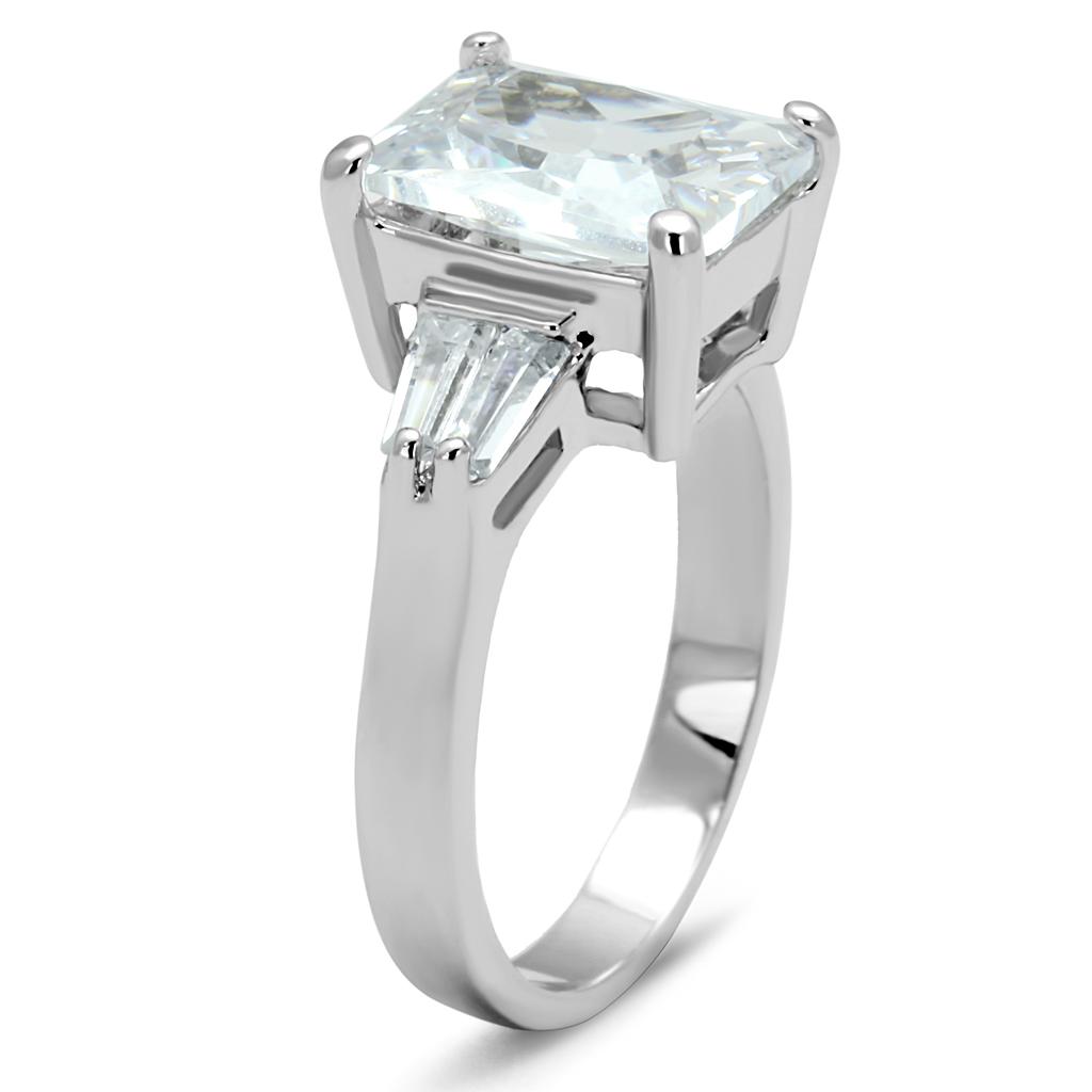 LO4091 Rhodium Brass Ring featuring a clear AAA Grade CZ stone, showcasing its elegant design and luxurious finish.