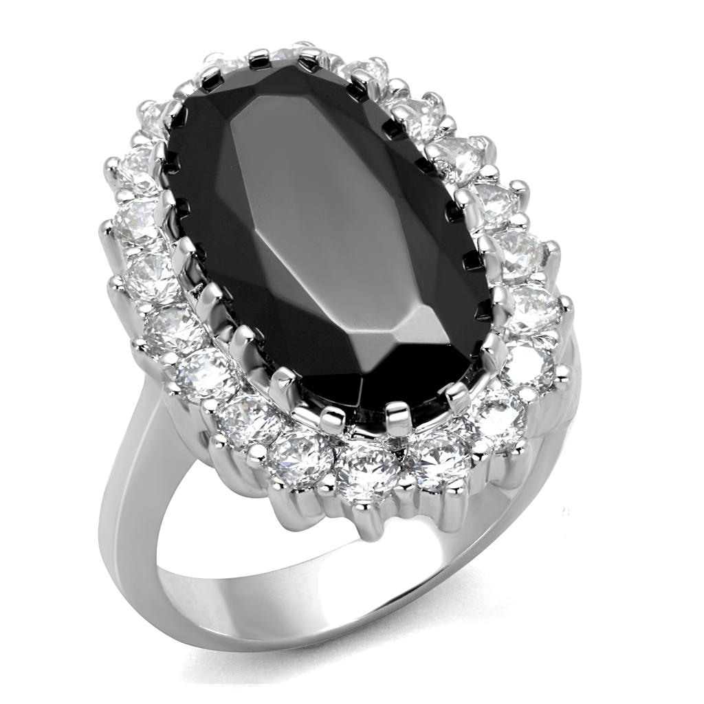 LO4094 Rhodium Brass Ring featuring AAA Grade CZ in Black Diamond, showcasing its elegant design and shiny finish.