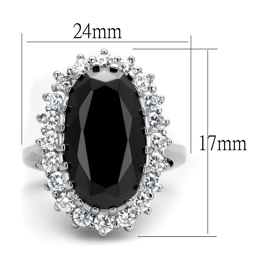 LO4094 Rhodium Brass Ring featuring AAA Grade CZ in Black Diamond, showcasing its elegant design and shiny finish.