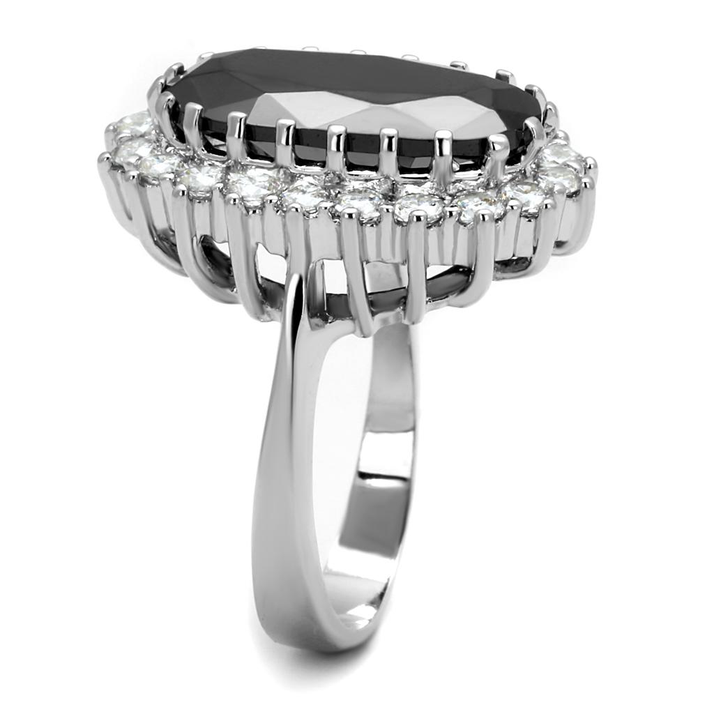 LO4094 Rhodium Brass Ring featuring AAA Grade CZ in Black Diamond, showcasing its elegant design and shiny finish.