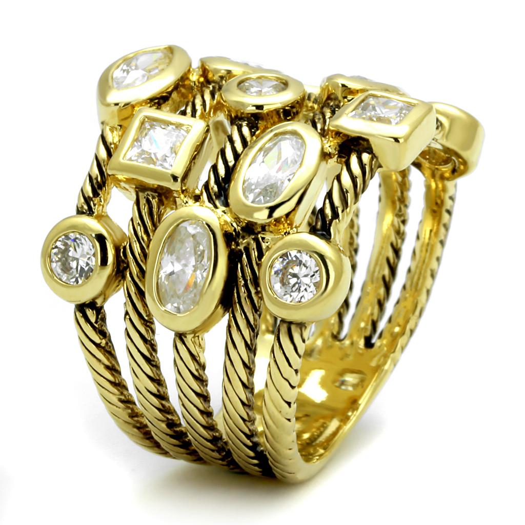 LO4096 Gold Brass Ring featuring a clear AAA Grade CZ stone, elegantly designed for a luxurious look.