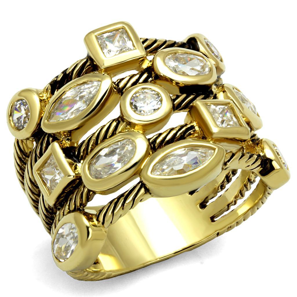 LO4096 Gold Brass Ring featuring a clear AAA Grade CZ stone, elegantly designed for a luxurious look.