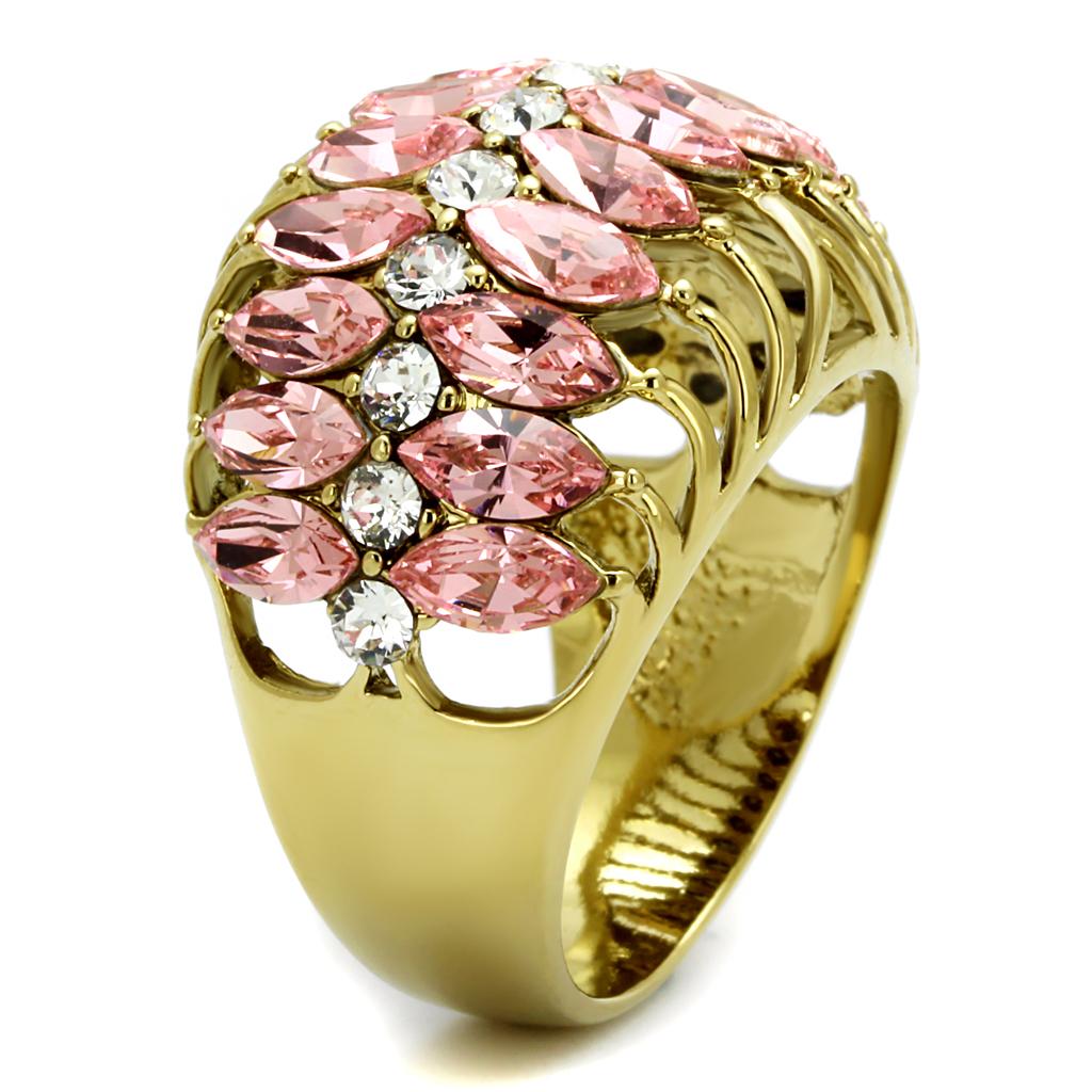 LO4108 IP Gold Brass Ring featuring a rose-colored top-grade crystal centerpiece, showcasing elegance and sophistication.