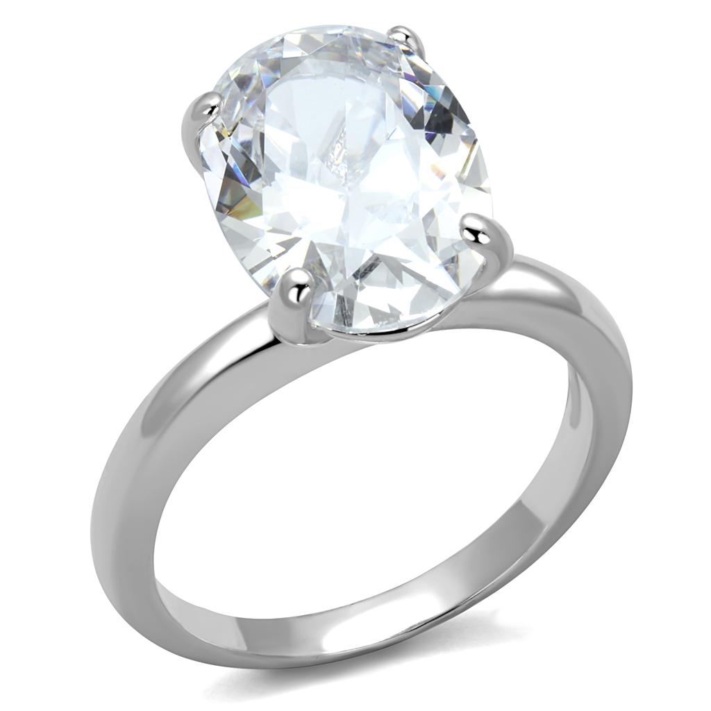 LO4124 Rhodium Brass Ring featuring a clear AAA Grade CZ stone, showcasing its elegant design and shiny finish.